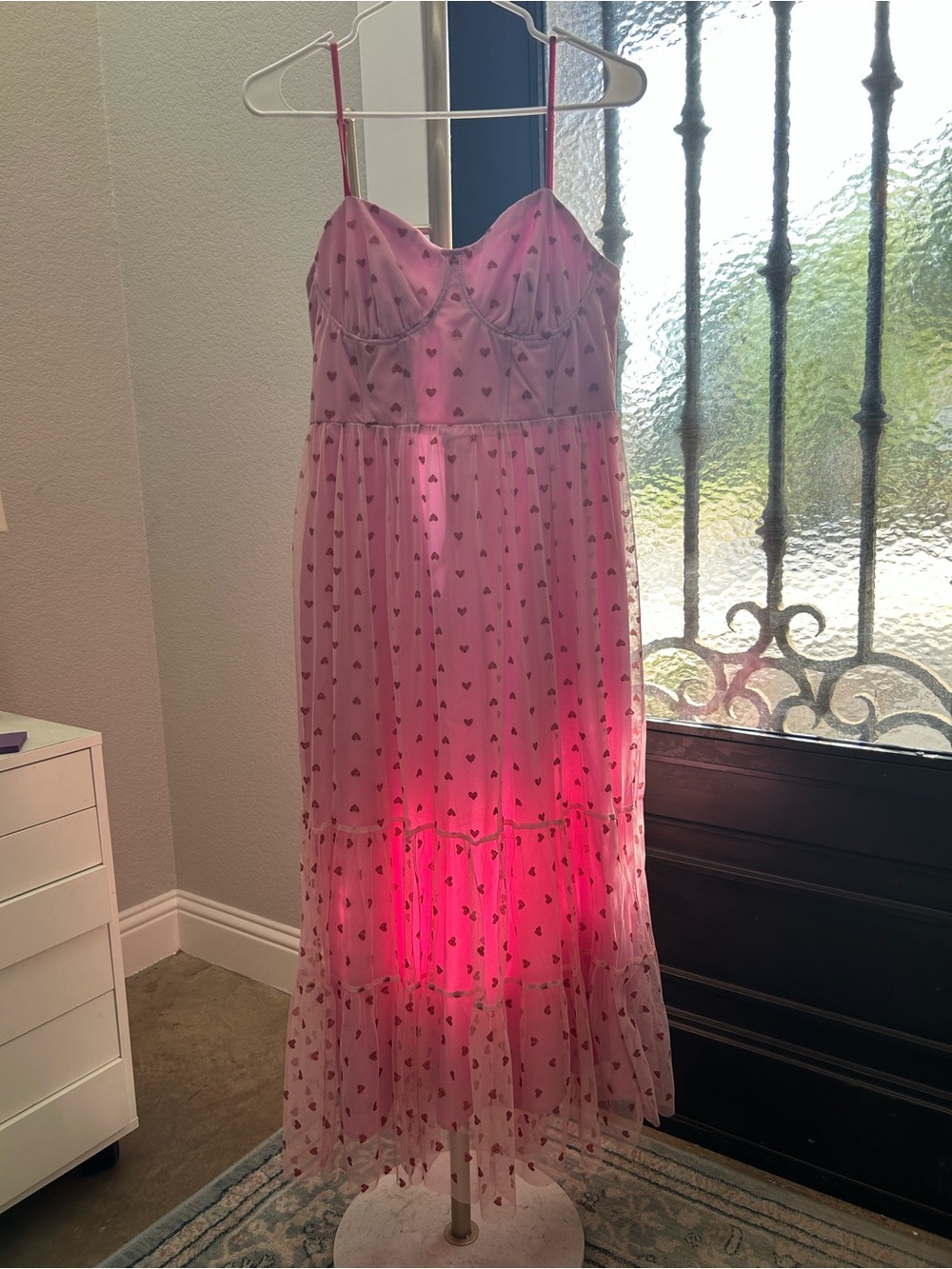 Betsy Johnson Pink Heart-Print Spaghetti Strap Maxi Dress